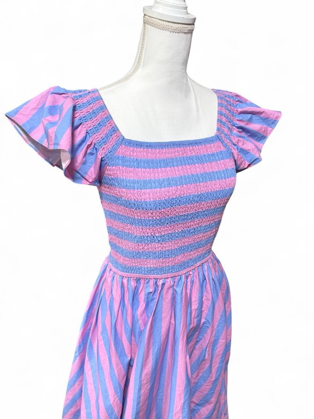 Ivy City Co Hattie Pink & Blue Striped Smocked Midi Dress Cottagecore Size S - Picture 2 of 6